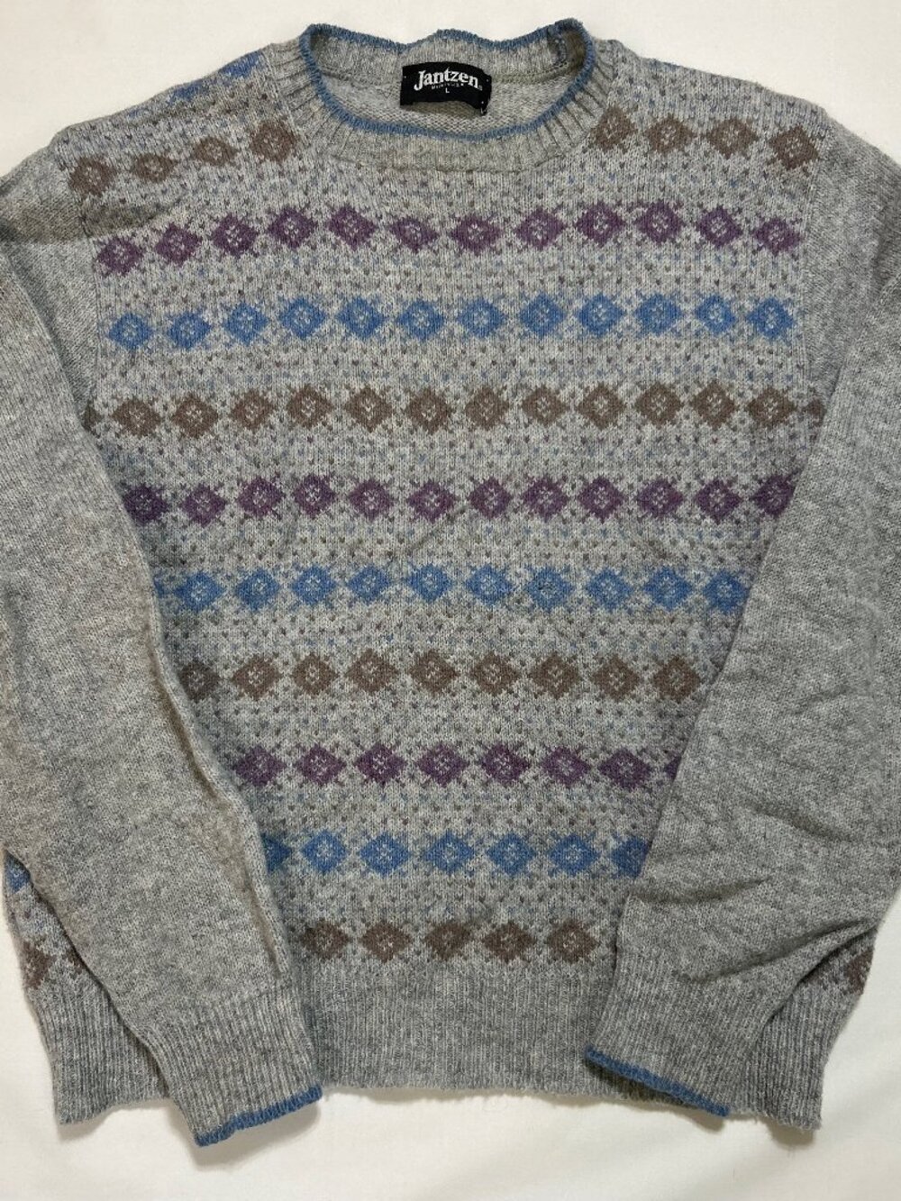 Jantzen Crewneck Pullover Sweater (L); Blue/Purple/Beige Geometric; Fair Isle;
